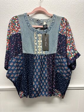 K177 Navy Patchwork Floral Top Dolmn Denim/Embroidered Yoke Mixed Media Navy NWT